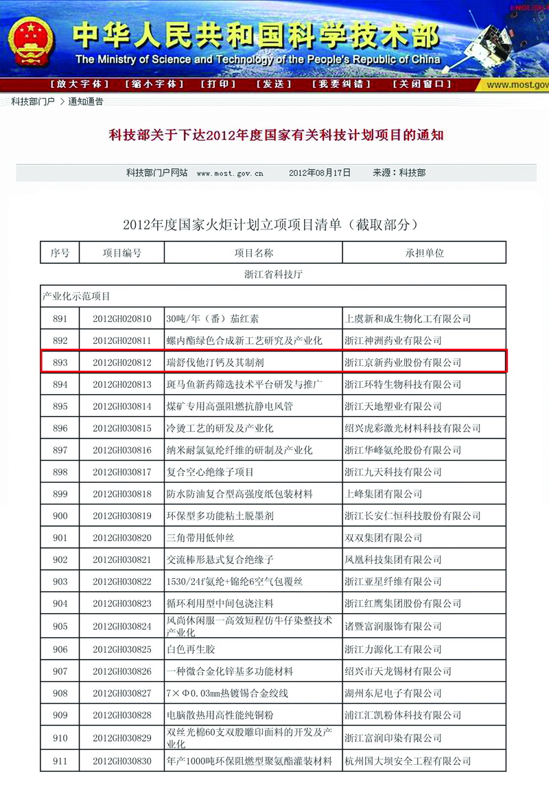 公司瑞舒伐他汀钙及制剂被列入国家火炬妄想项目-佰福国际药业